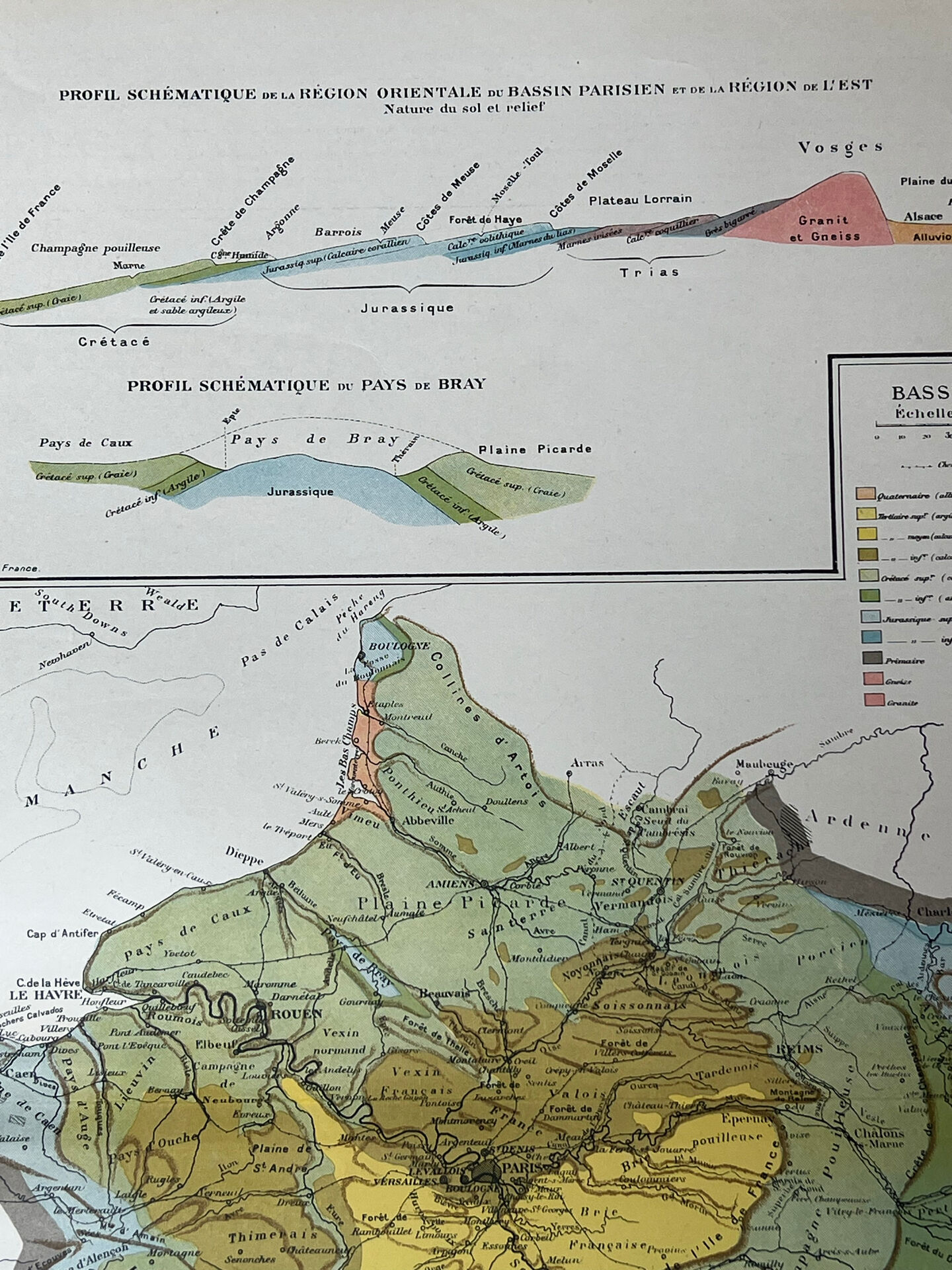 Old geological map of the Paris Basin 55x37.5cm