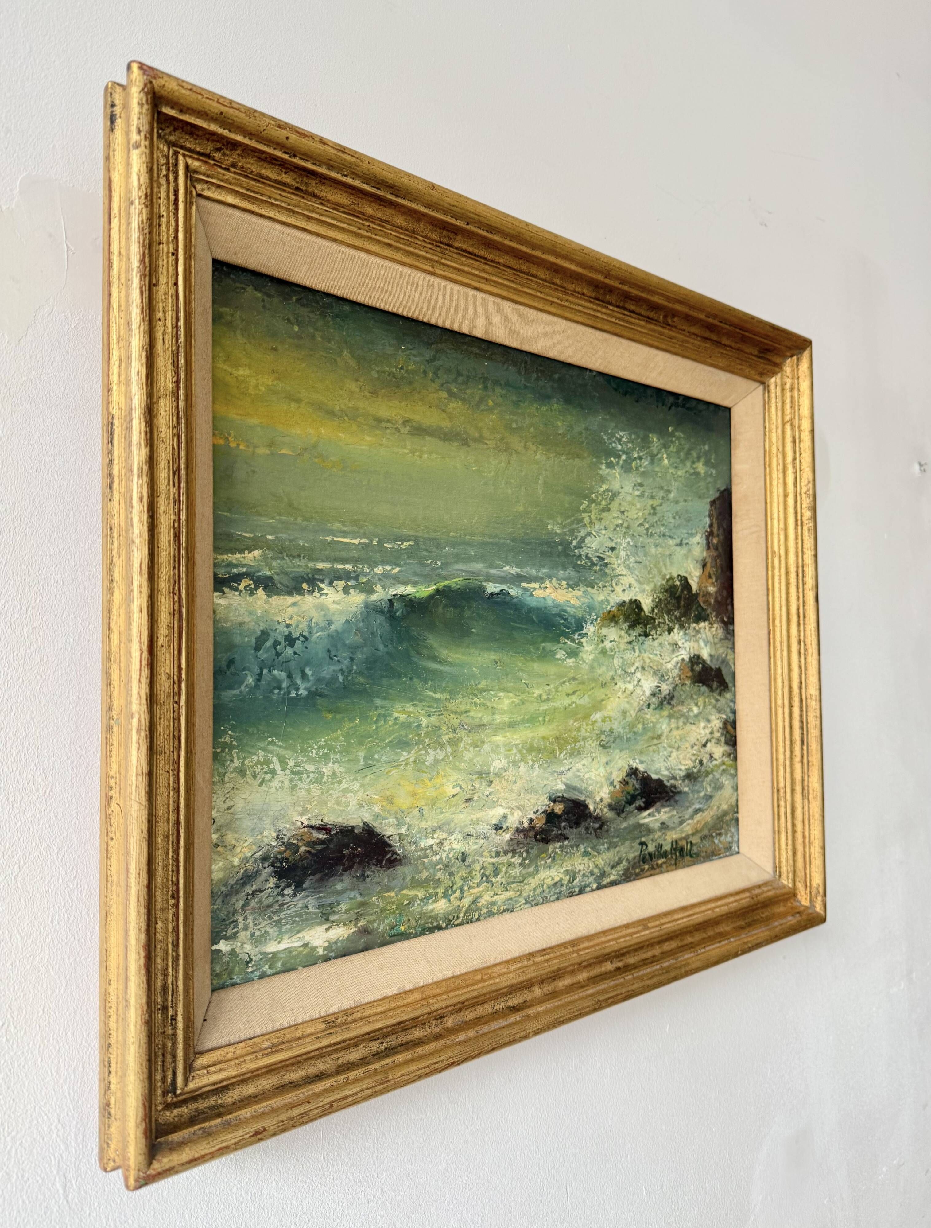 Vintage Seascape Oil Painting of Cornwall with Gold Frame