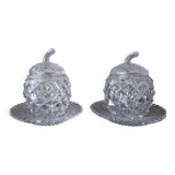 Pair of covered pots in cut crystal shaped like pineapples with stands – H 19 cm