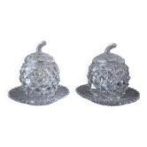 Pair of covered pots in cut crystal shaped like pineapples with stands – H 19 cm