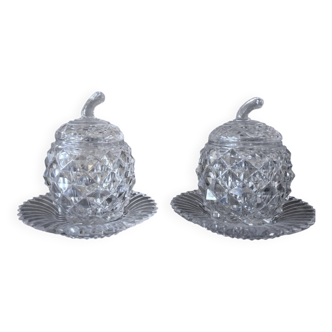 Pair of covered pots in cut crystal shaped like pineapples with stands – H 19 cm