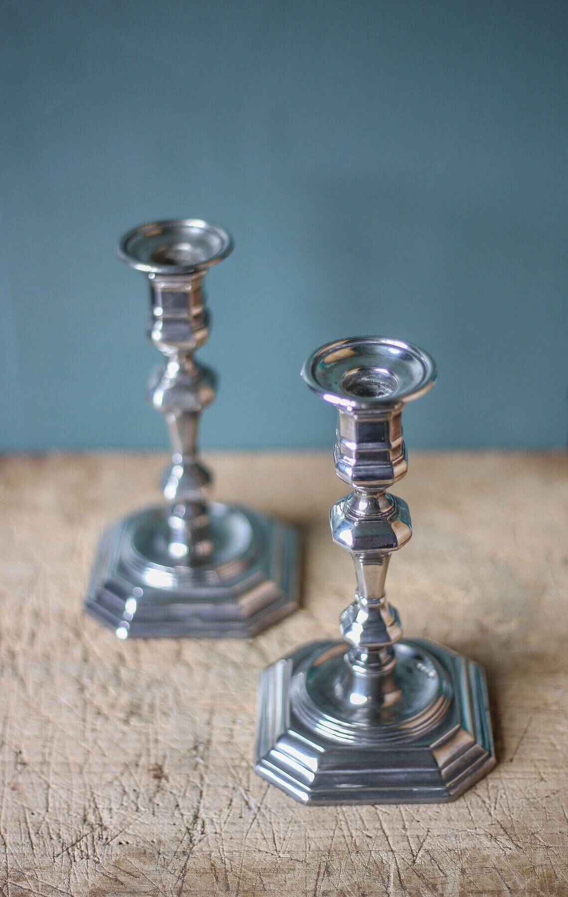 Pair of silver metal empire style candlesticks, candle holder, torch, interior decoration