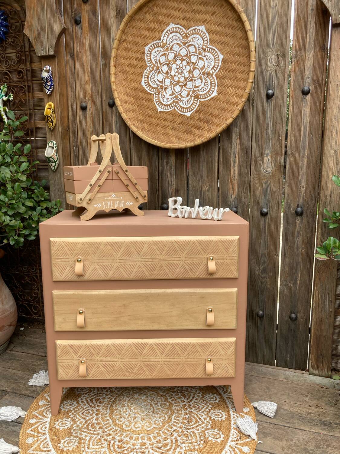 Beautifully restyled compact ethnic bohemian chest of drawers.