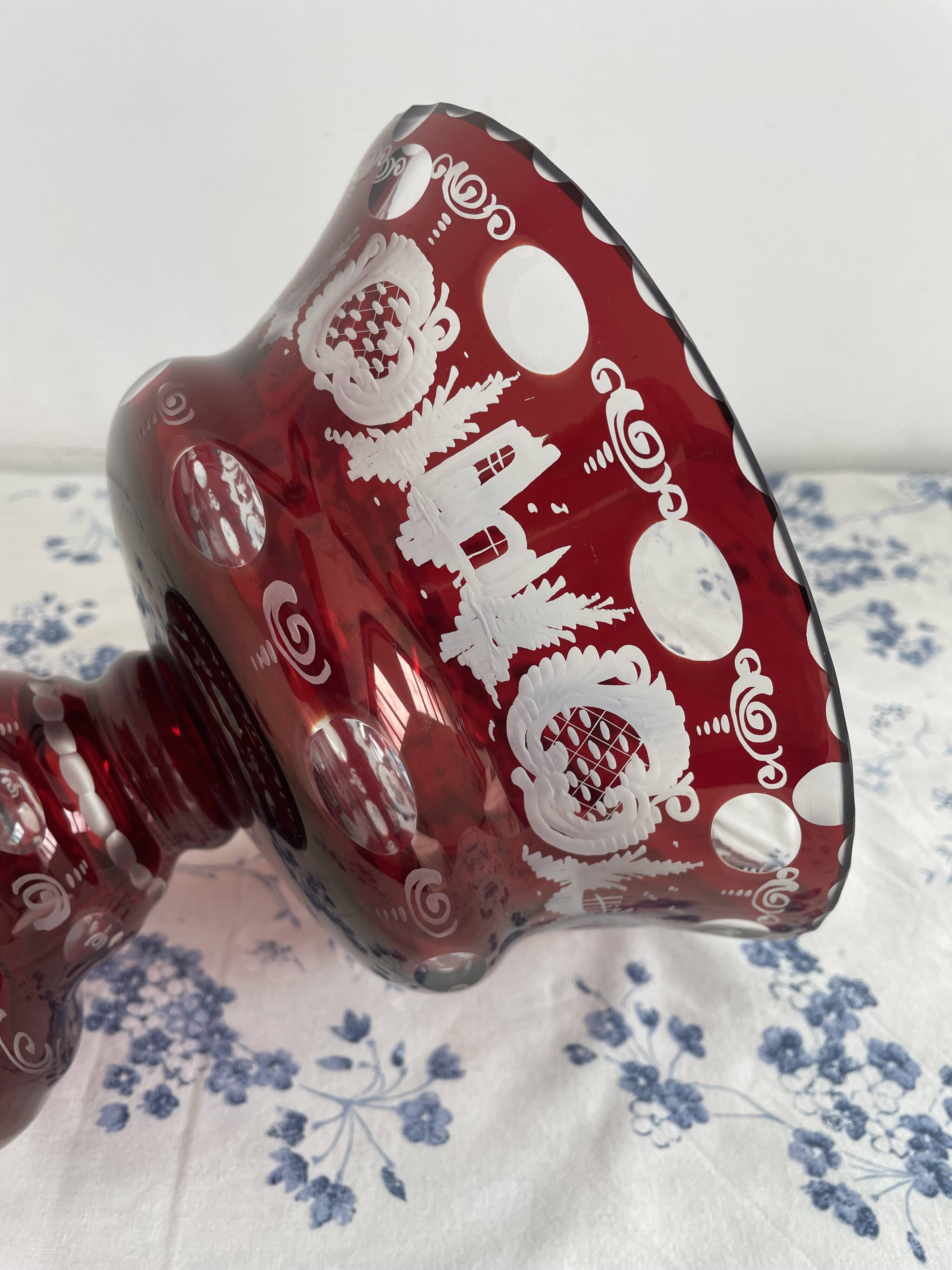 Large red and white overlay glass bowl, Bohemian 20th century