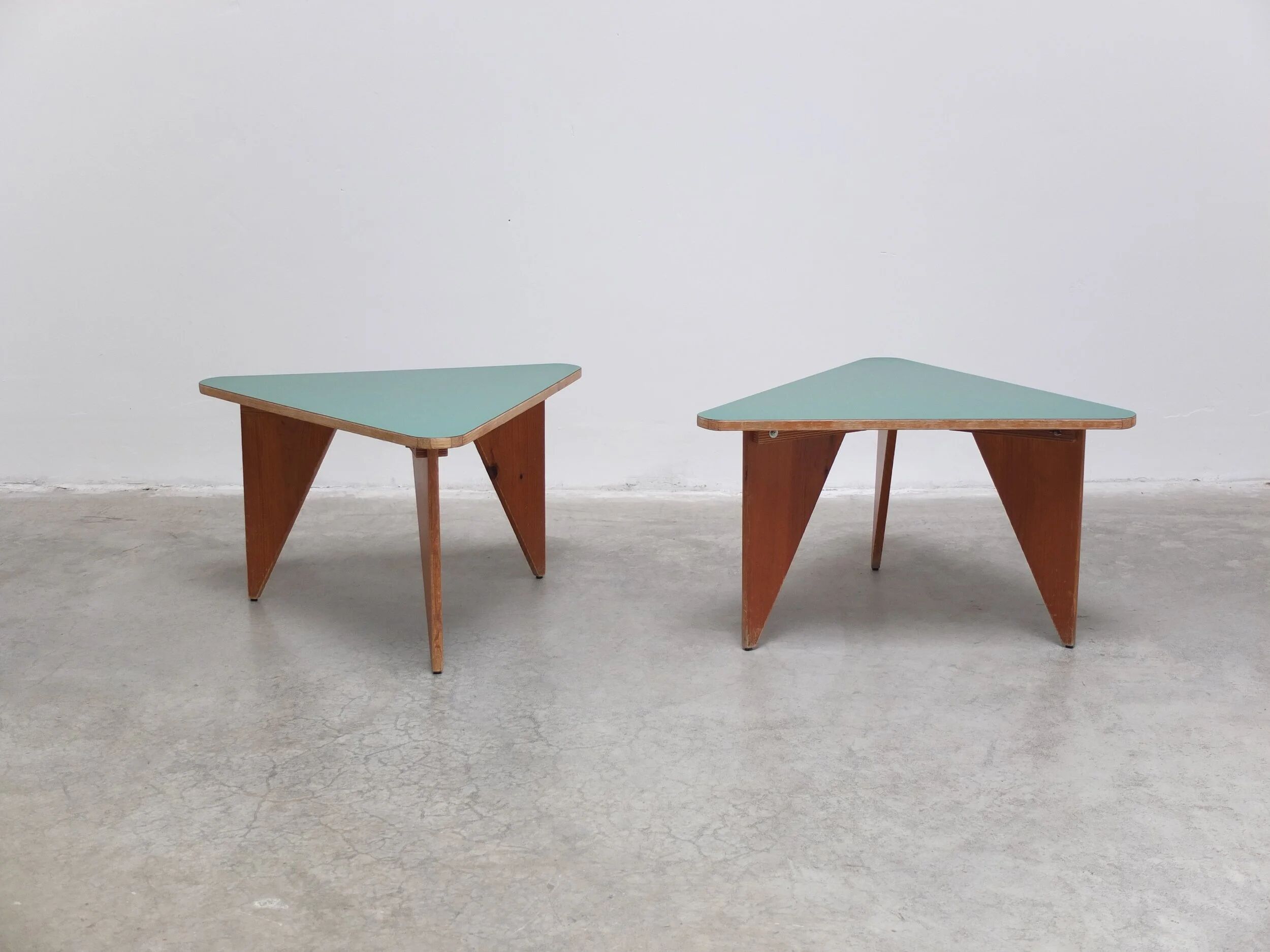 Unique pair of triangular coffee or side tables, 1960s