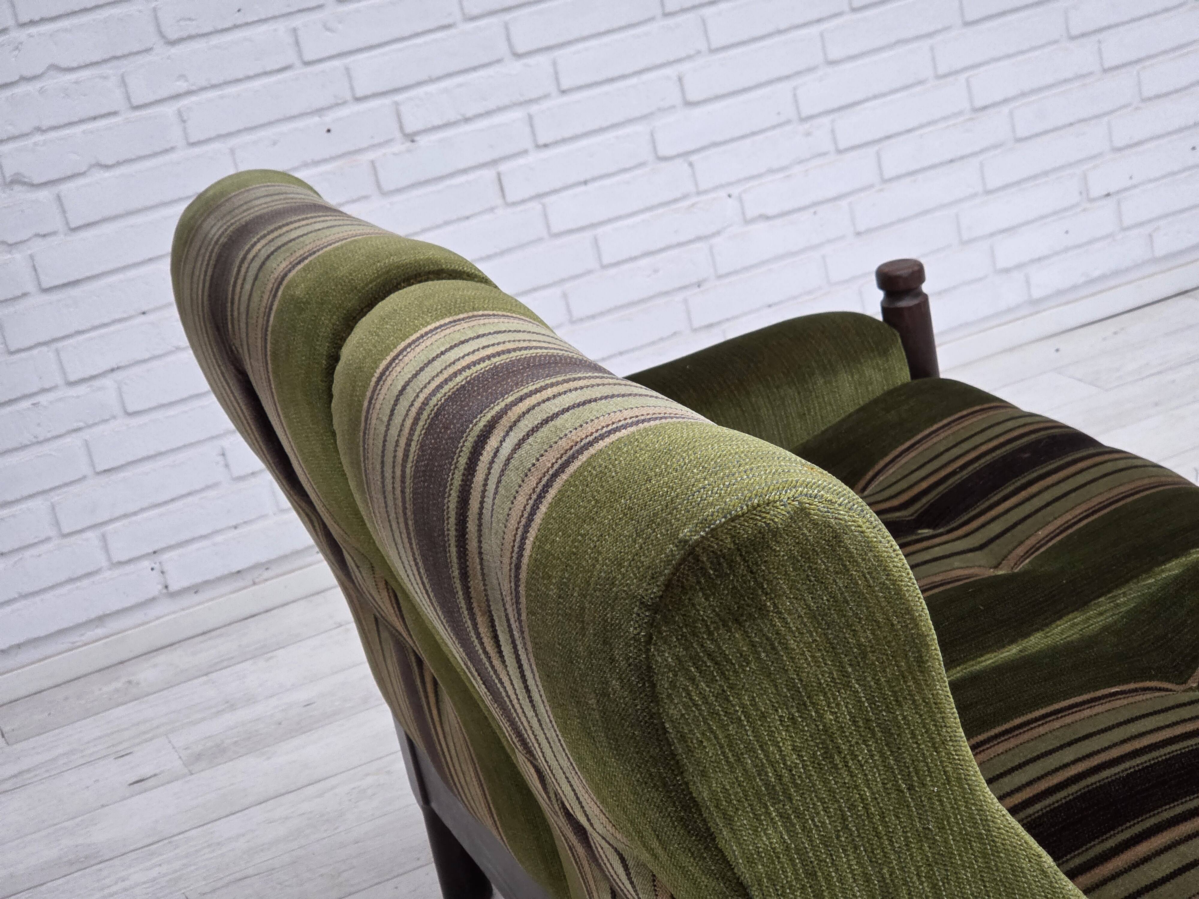 1970s, Scandinavian 2-seater sofa, green furniture velour, beech wood.