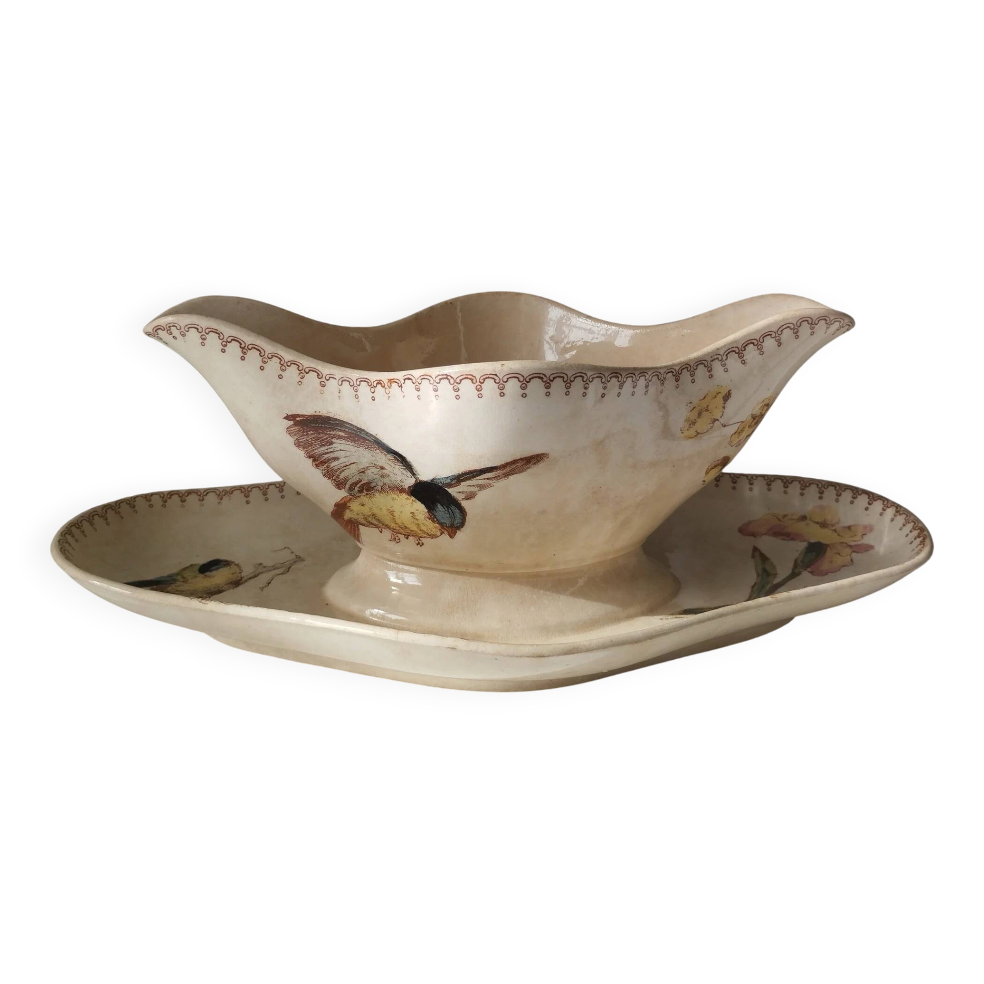 Longwy "Mésange" - Sauce boat on a polychrome ironstone base