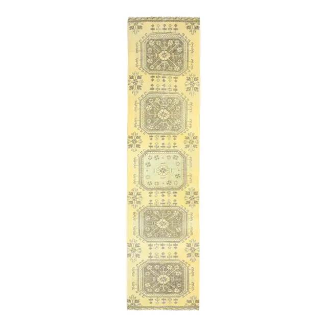 1970s Turkish Oushak Handmade Wool Cotton Yellow Runner 76x302