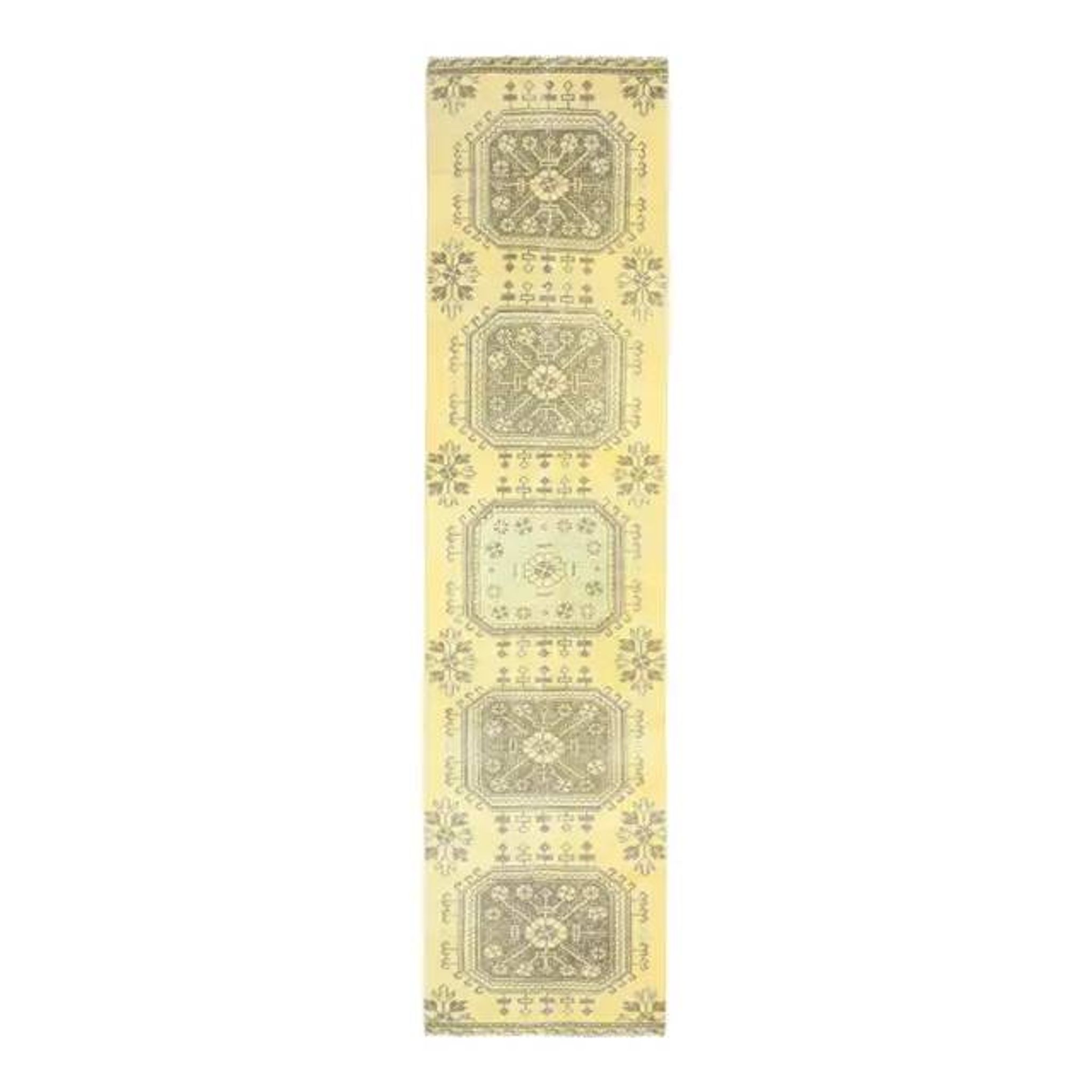 1970s Turkish Oushak Handmade Wool Cotton Yellow Runner 76x302