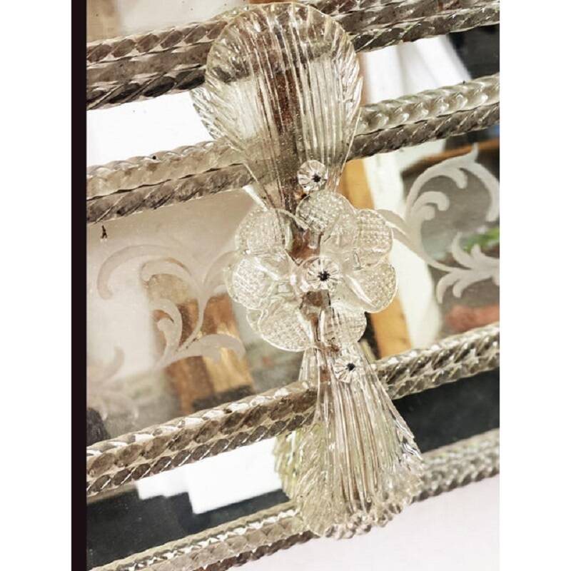 Venetian Rectangular Floreal Hand-Carving Wall Mirror in Murano Glass Style