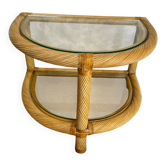 Two-tiered twisted rattan accent table with glass shelves, 1970s