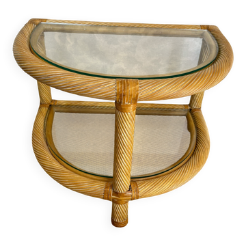 Two-tiered twisted rattan accent table with glass shelves, 1970s