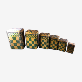 Series of 6 vintage spice boxes in iron design Lustucru yellow and green 1930