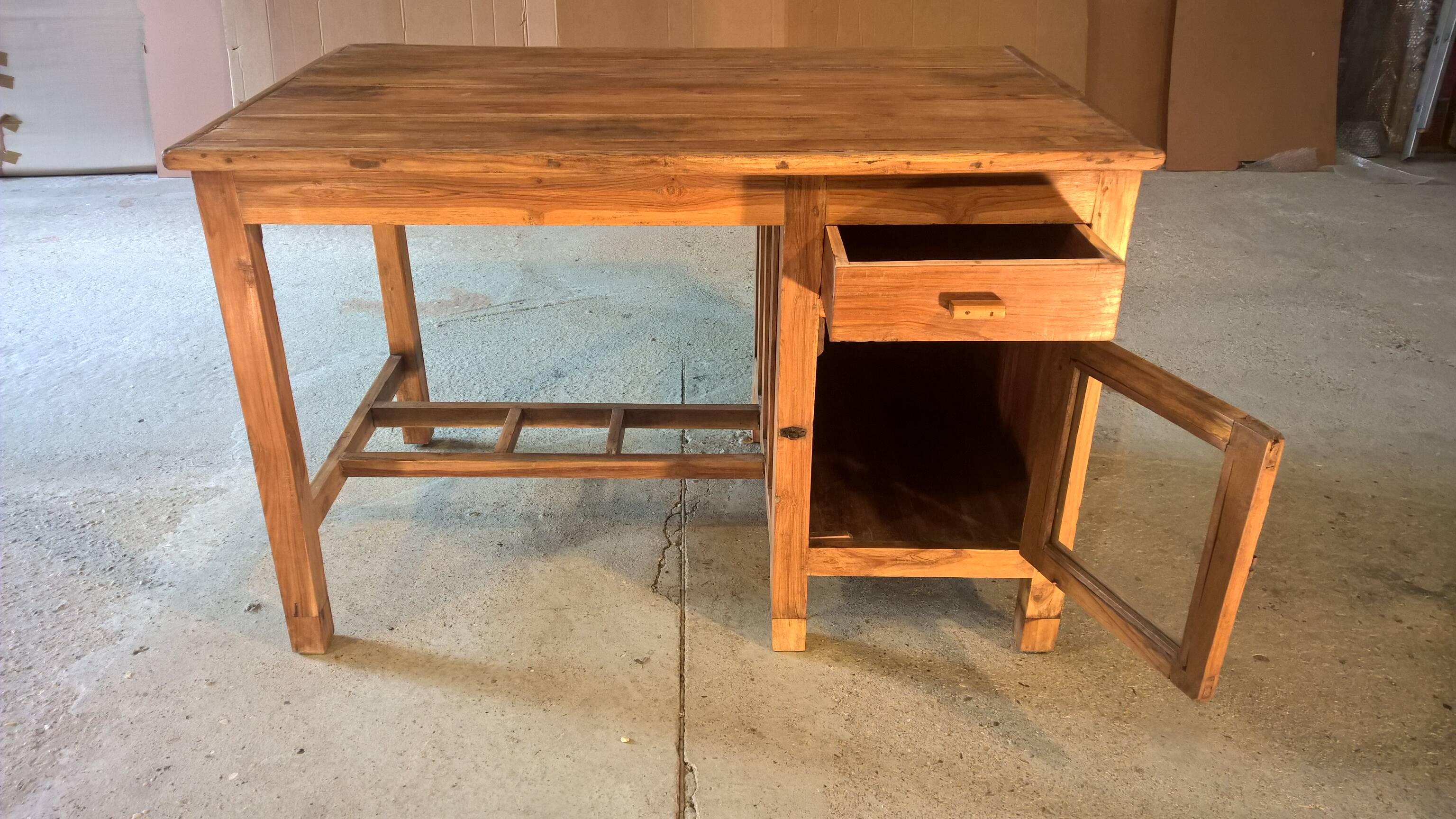 Old Burmese teak desk with 1 cabinet, 1 glass door + 1 drawer.