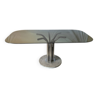 Vintage dining table with smoked glass and sculptural base, 1970s