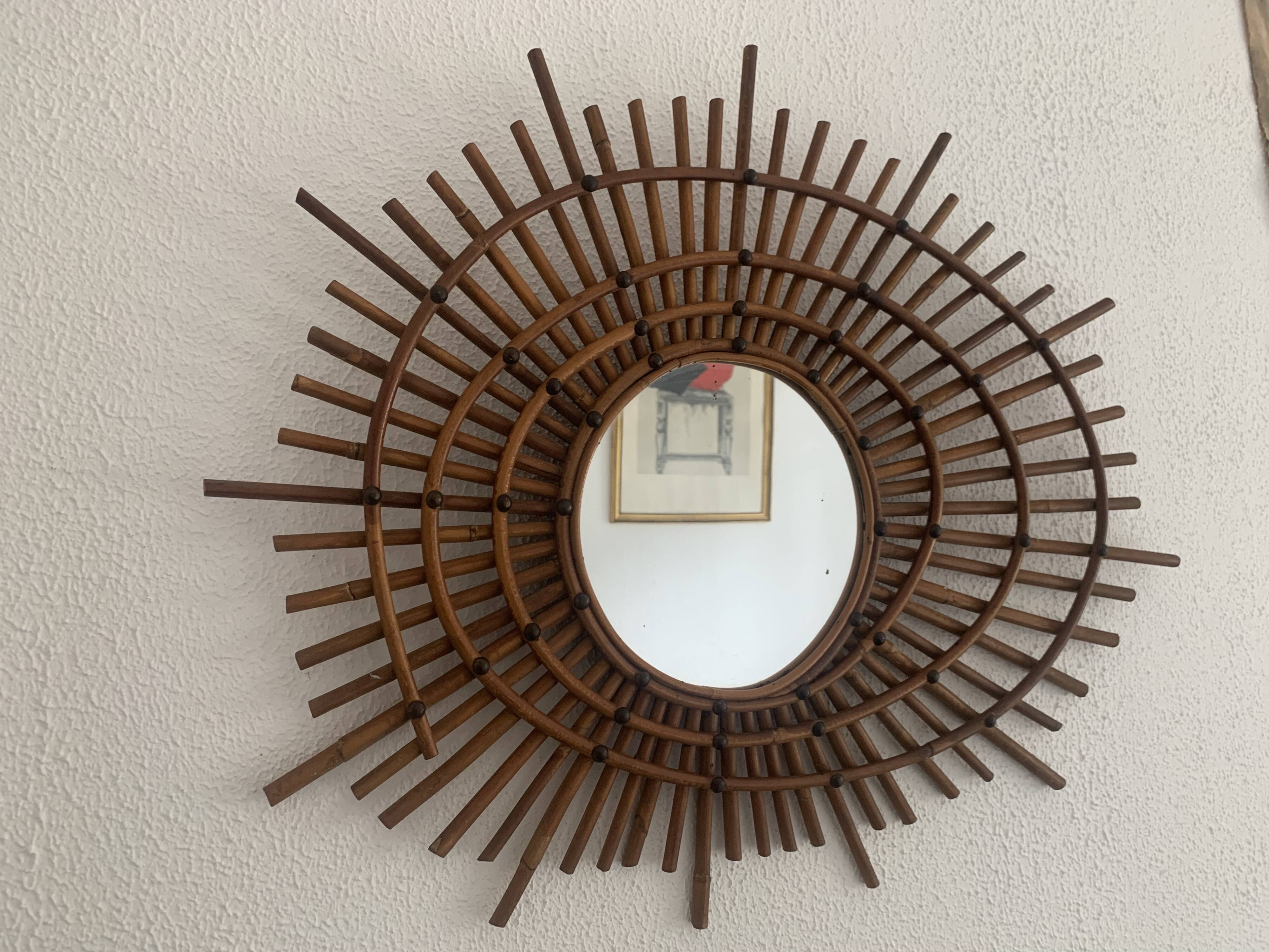 Vintage 1960s rattan sun mirror spiral - 80 x 62 cm