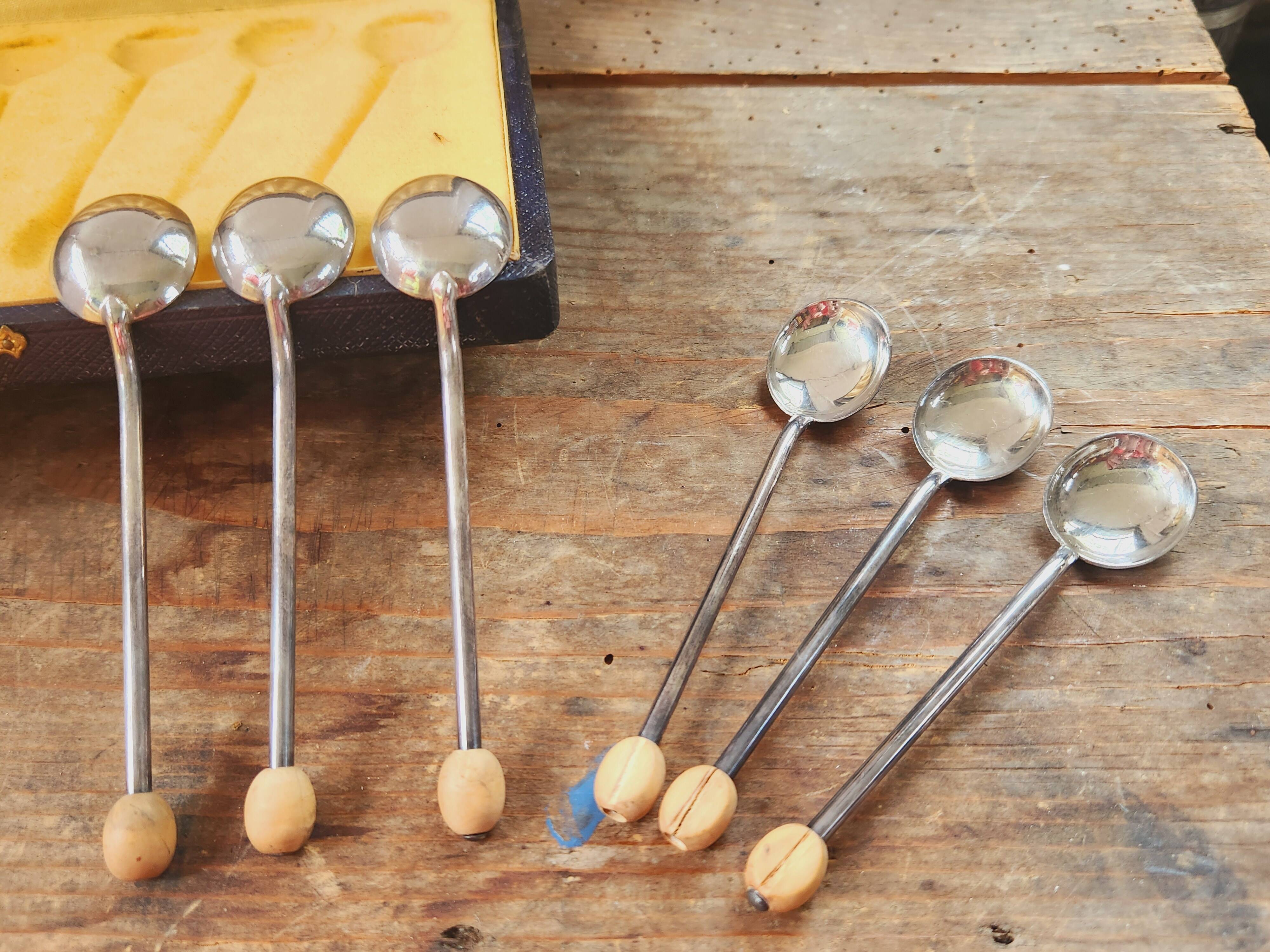 Vintage Pardieu Agen Set of 6 Silver Plated Coffee Spoons With Wooden Coffee Bean Detail in Original
