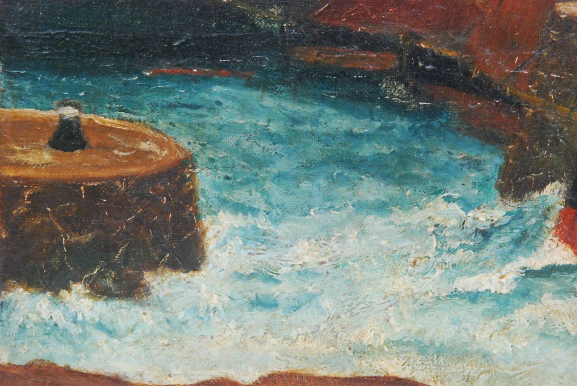 Old painting seaside view boats and fishermen