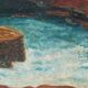 Old painting seaside view boats and fishermen