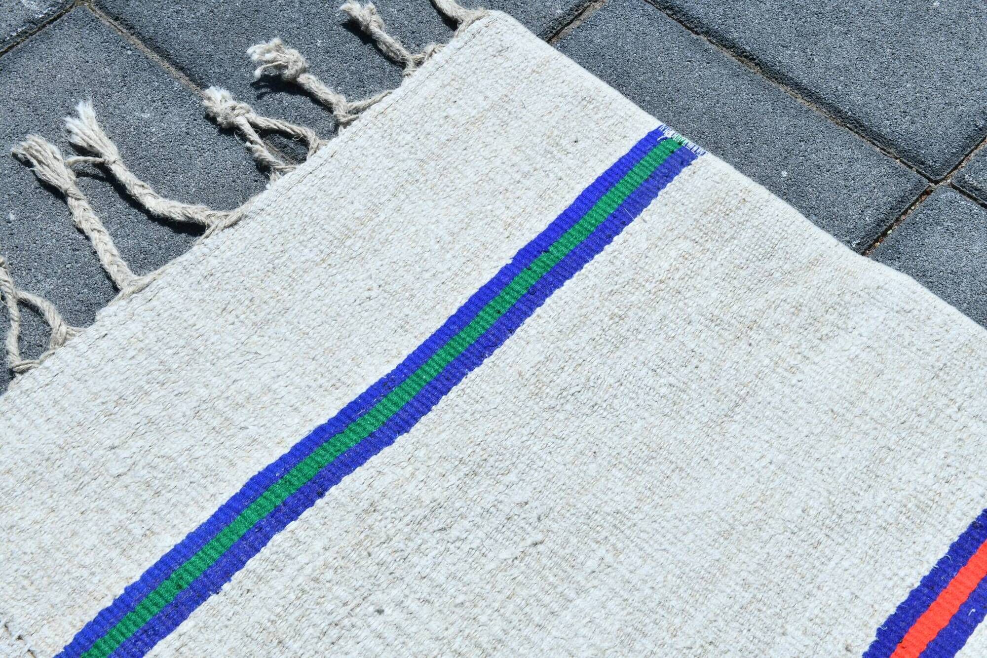Turkish Vintage Minimalit Striped Kilim Rug, Handmade Oushak Wool Carpet