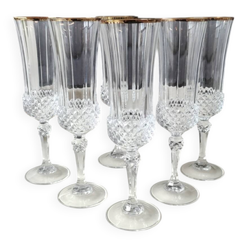 Lot 6 x Flûtes à Champagne cristal/Mod Valencay Gold/Cristal d Arques