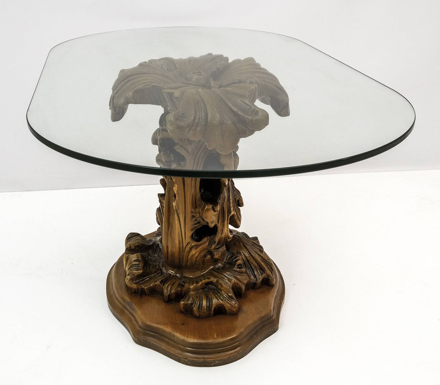 Mid-Century Modern Italian Carved Wood Base Large Curls and Leaves table