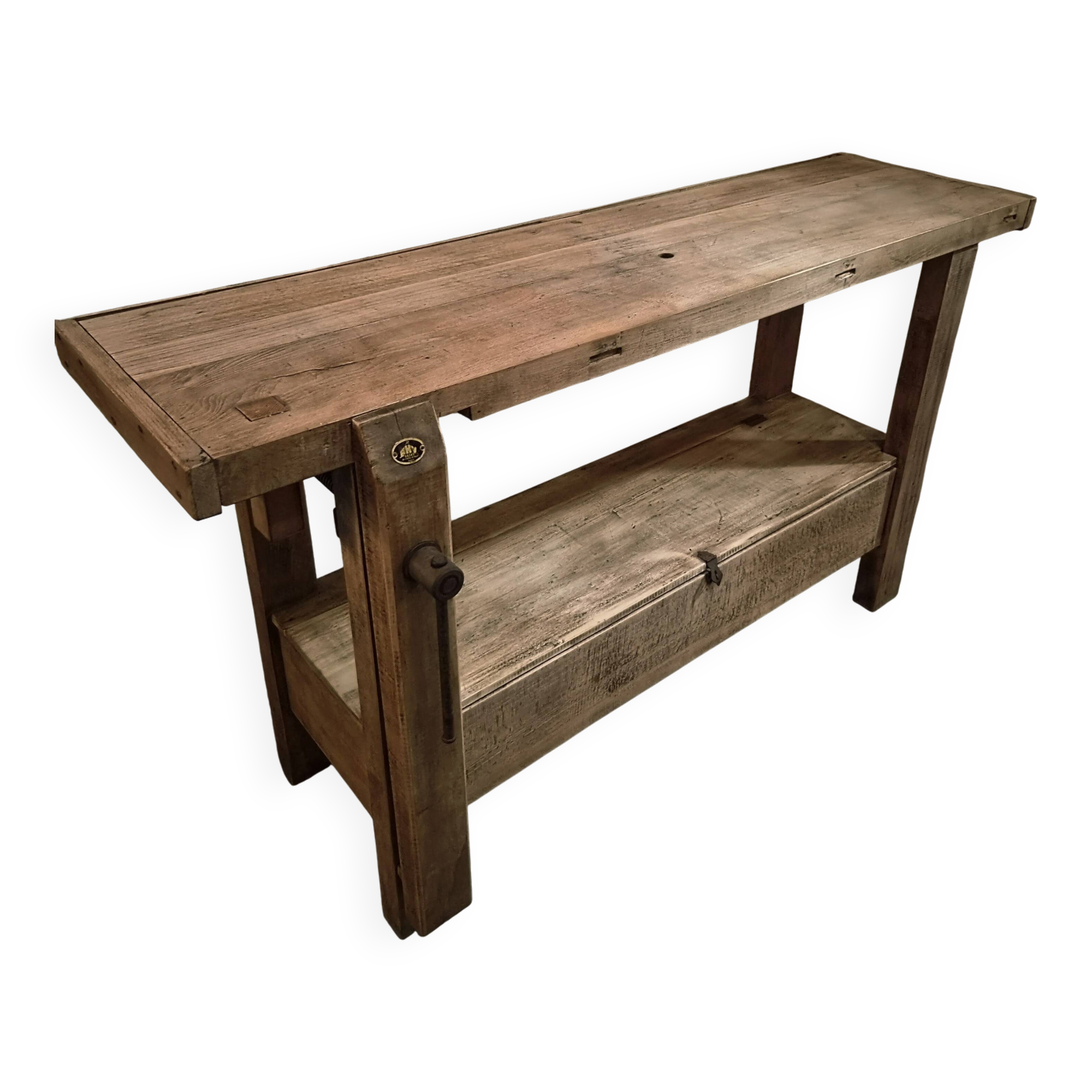 Vintage French beech side table, console, washbasin unit, industrial side table, circa 1950–1970.