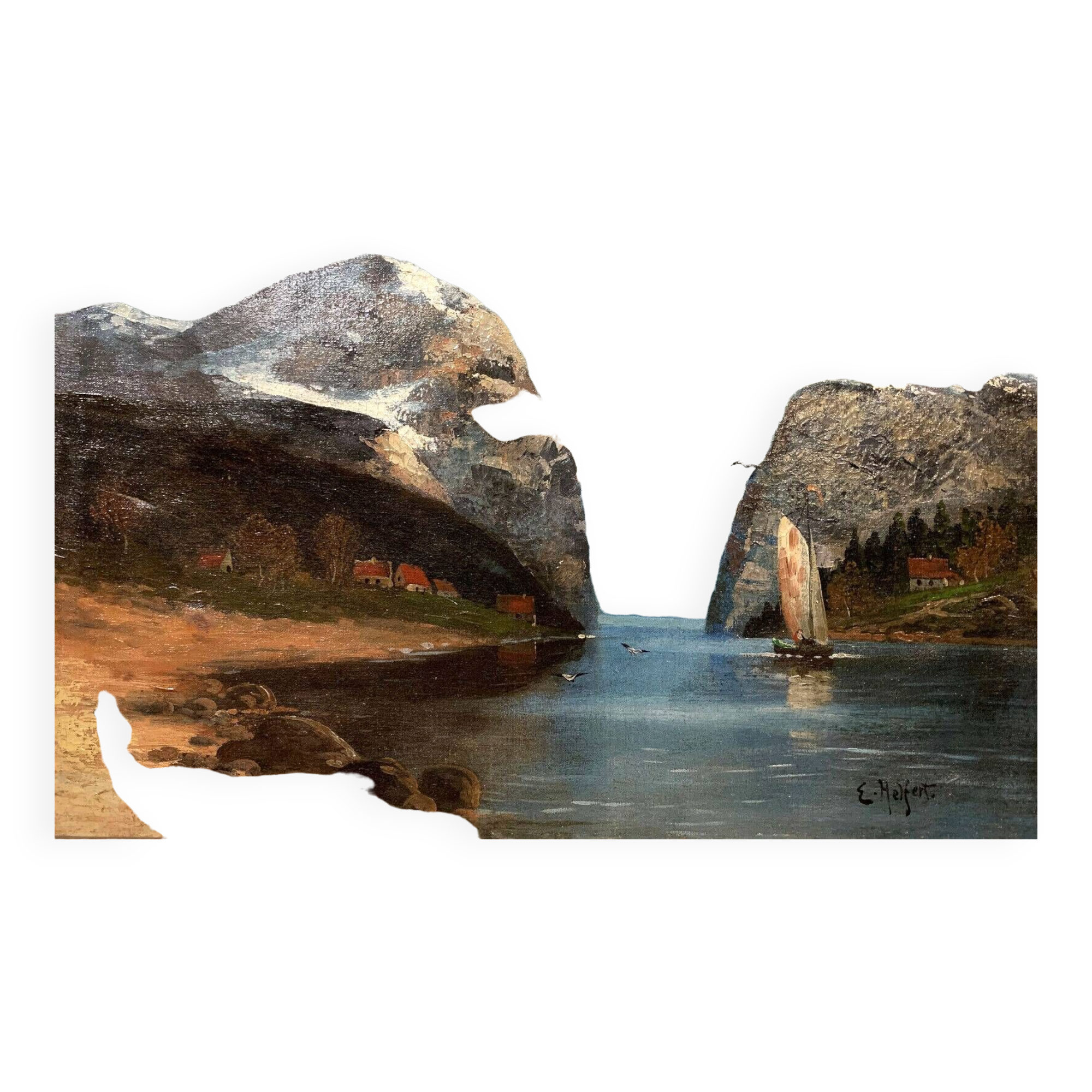 Willy Erik Helfert : grande huile sur toile paysage lacustre avec vue des alpes