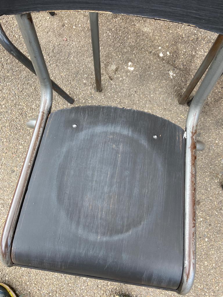 4 industrial school chairs tubular steel and mullca type wood