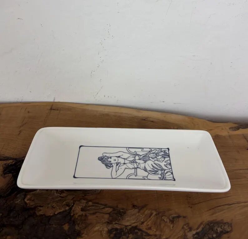 Vintage Mid-Century Ring Dish, Porcelain Tray featuring Alphonse Mucha’s "Amethyst"
