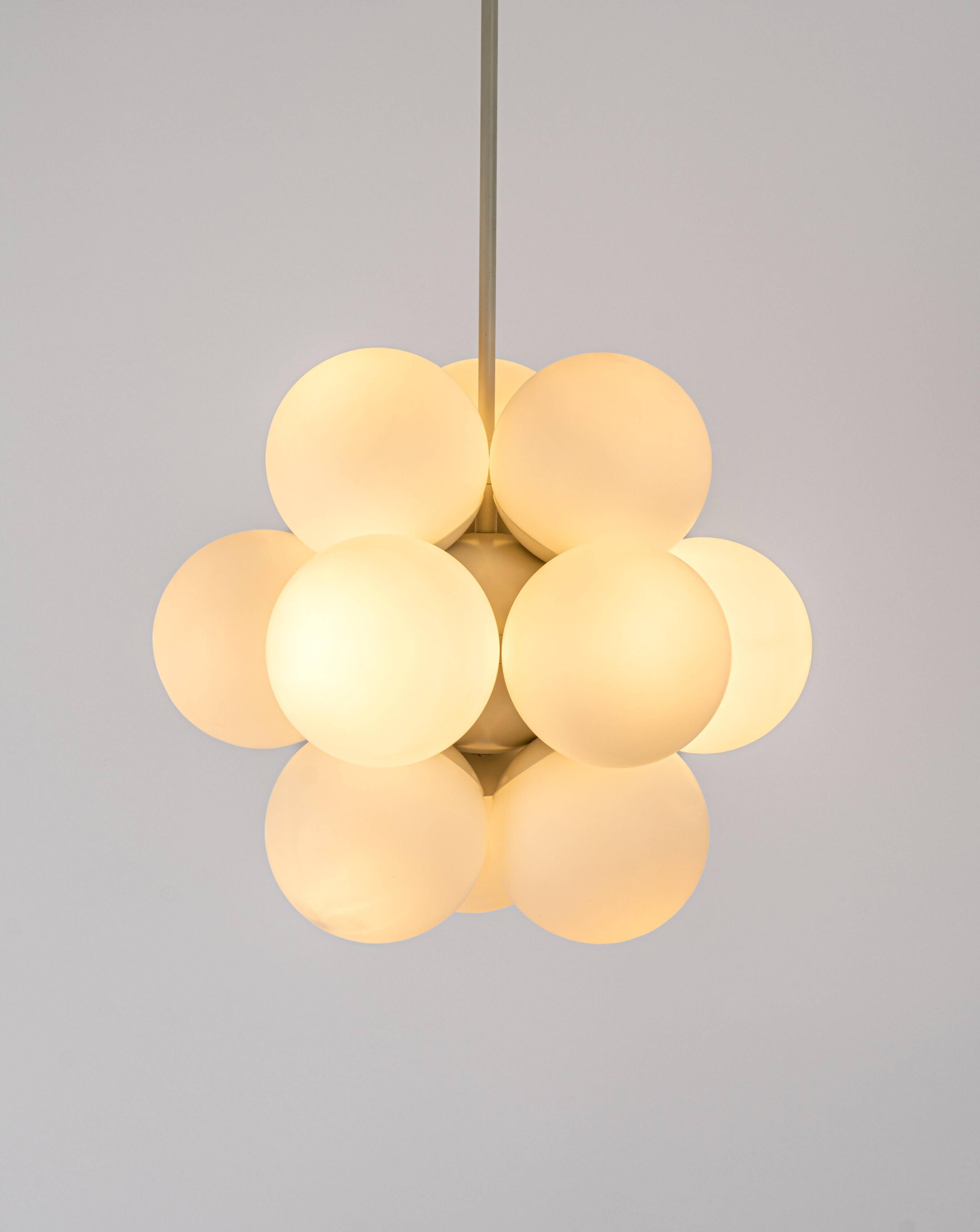Kaiser Sputnik chandelier, molecular shape, 12 opal glasses, Germany, 1970s