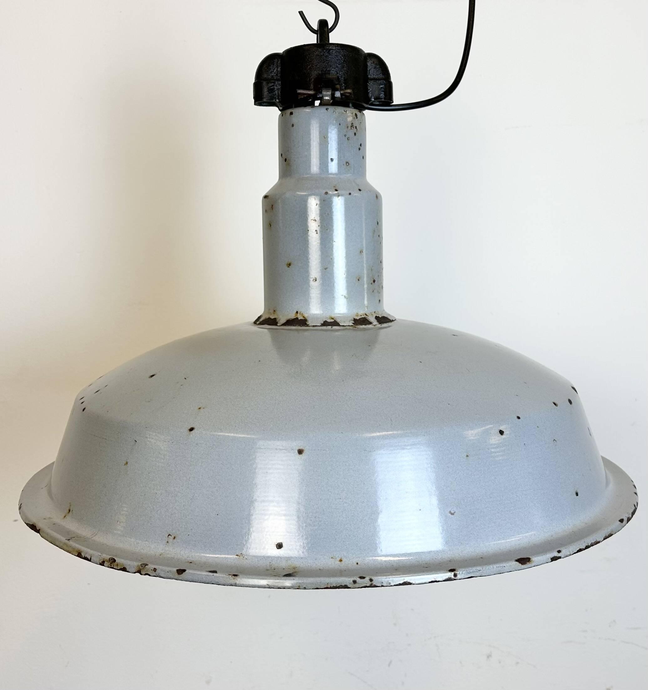 Large industrial midcentury grey enamel factory lamp, 1950s