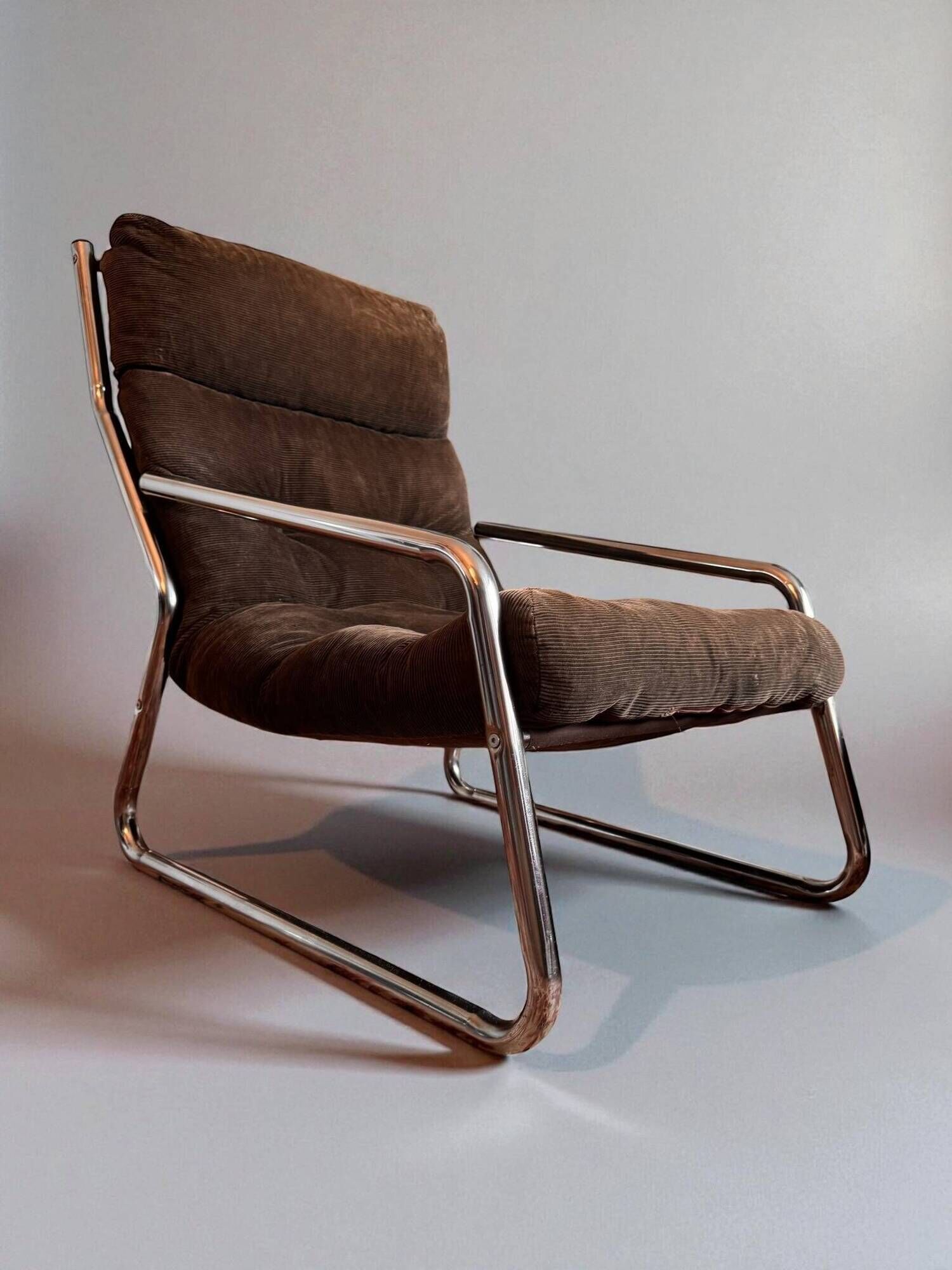 Pixi armchair by Gillis Lundgren for IKEA in chrome and brown velvet, 1974