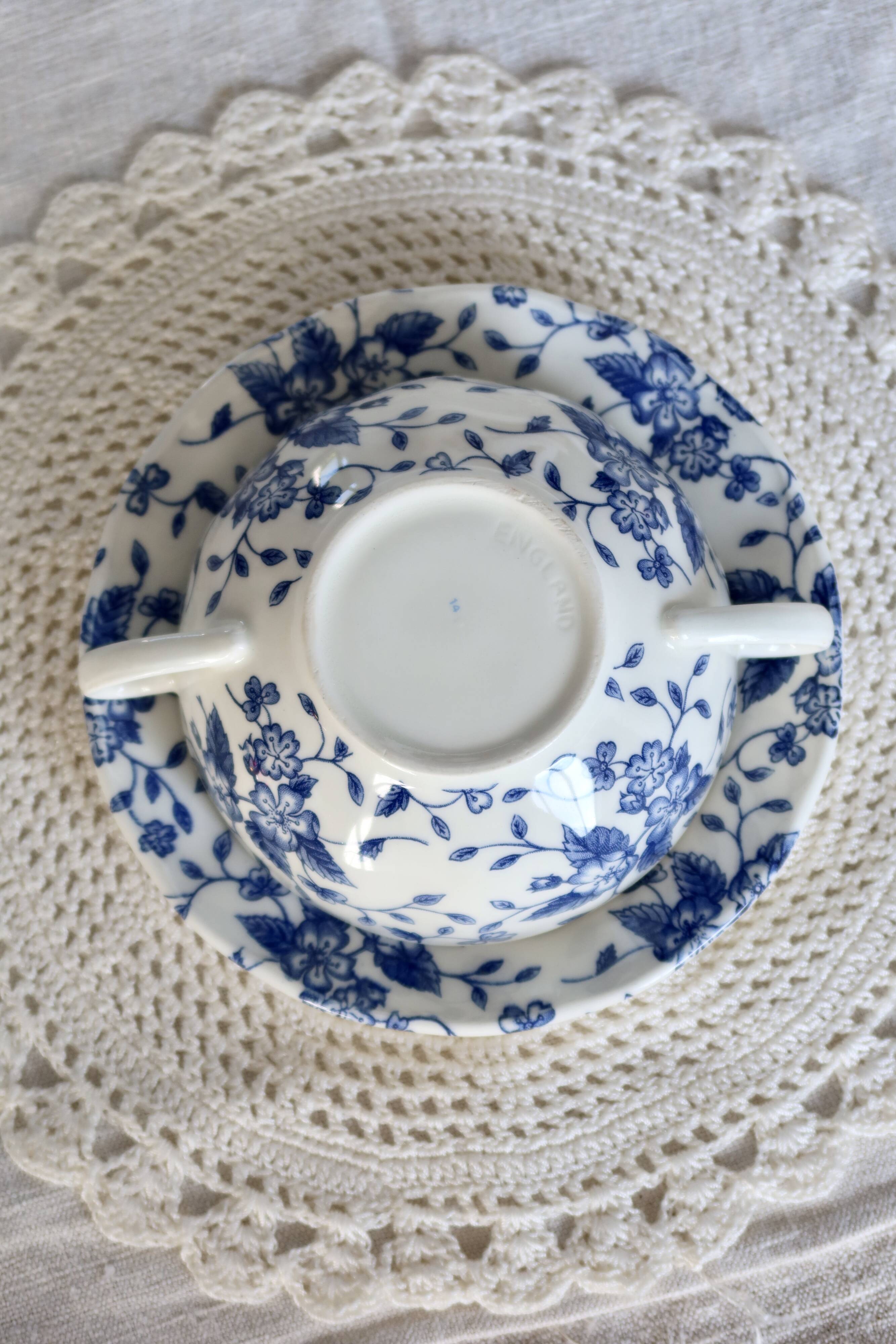 Vintage cup with double handles & saucer – Royal Tudor “Bouquet” blue