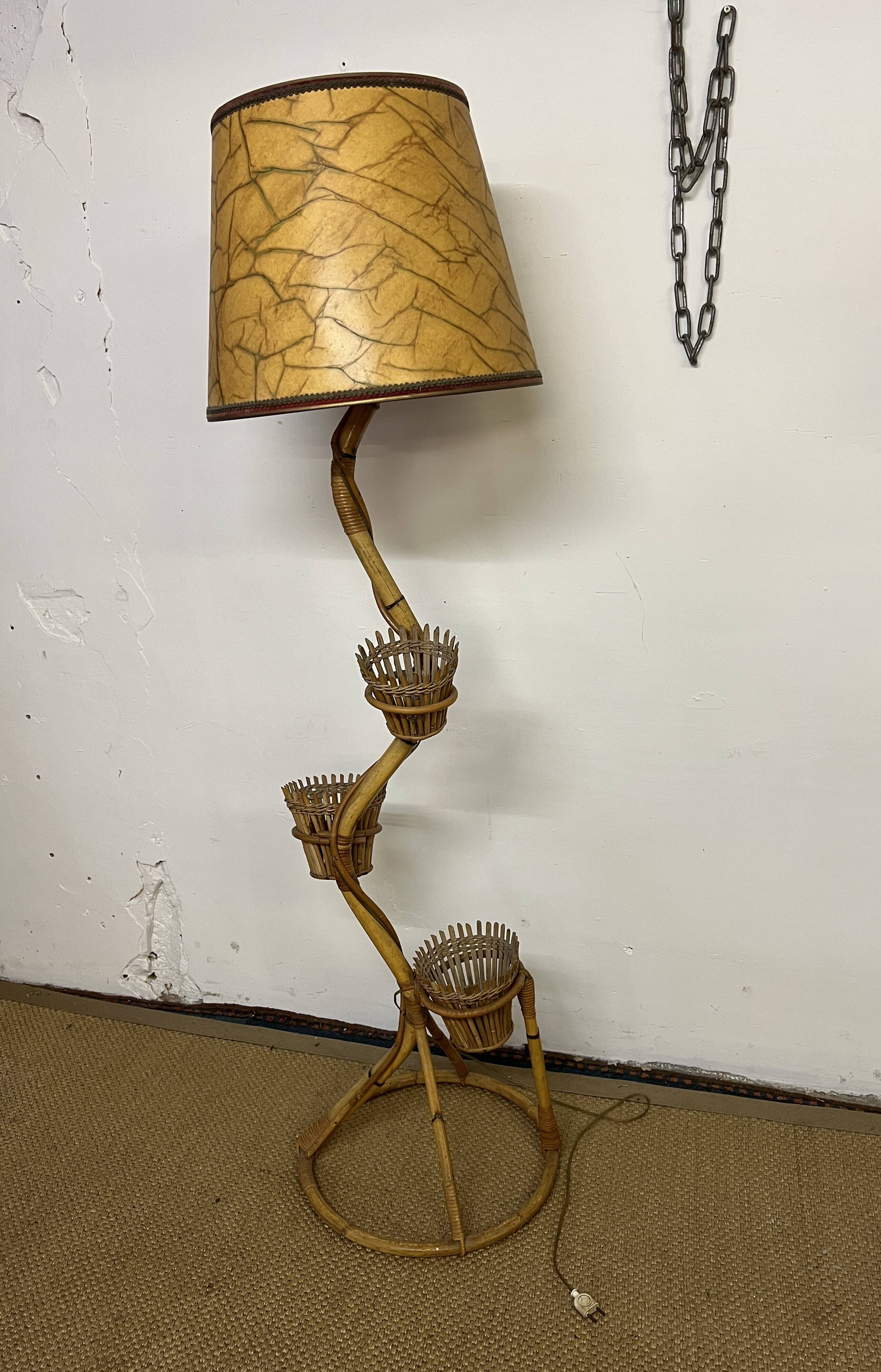Rattan and bamboo plant holder floor lamp from the 70s