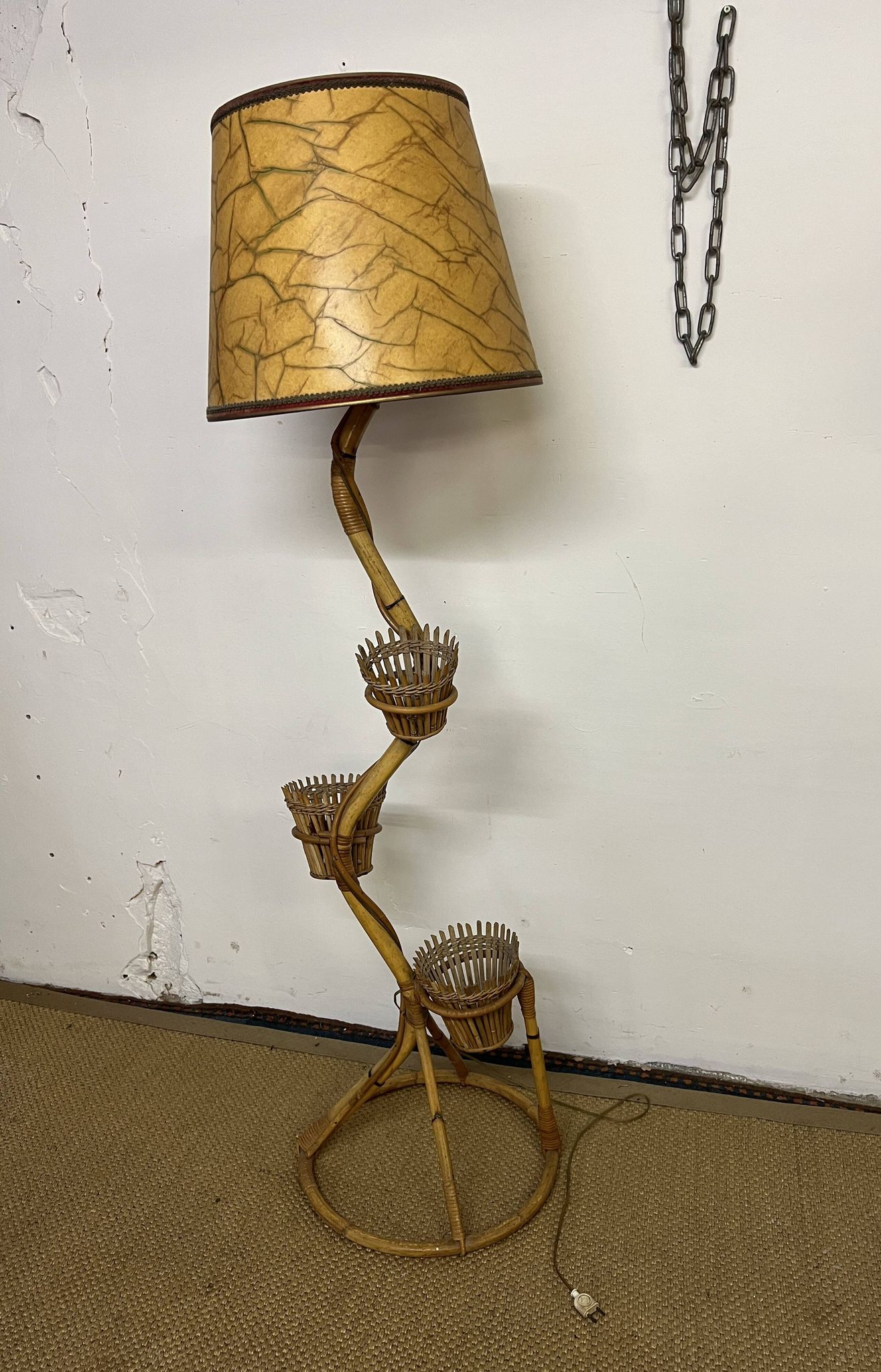 Rattan and bamboo plant holder floor lamp from the 70s
