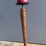 Vintage turned wooden candle holder, black metal candle base