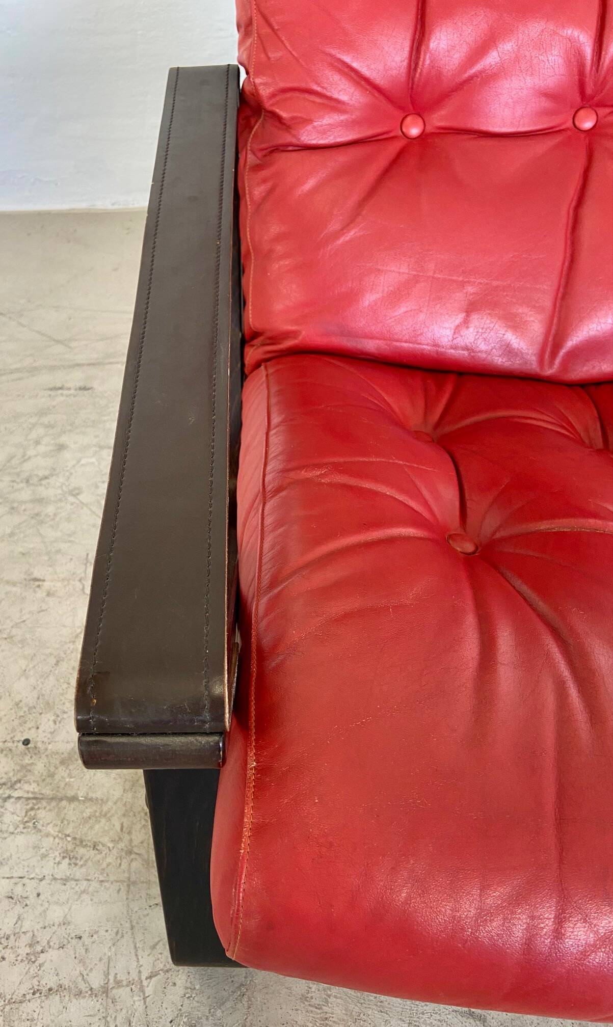 Vintage danish retro reclining lounge chair & stool in red leather by komfo