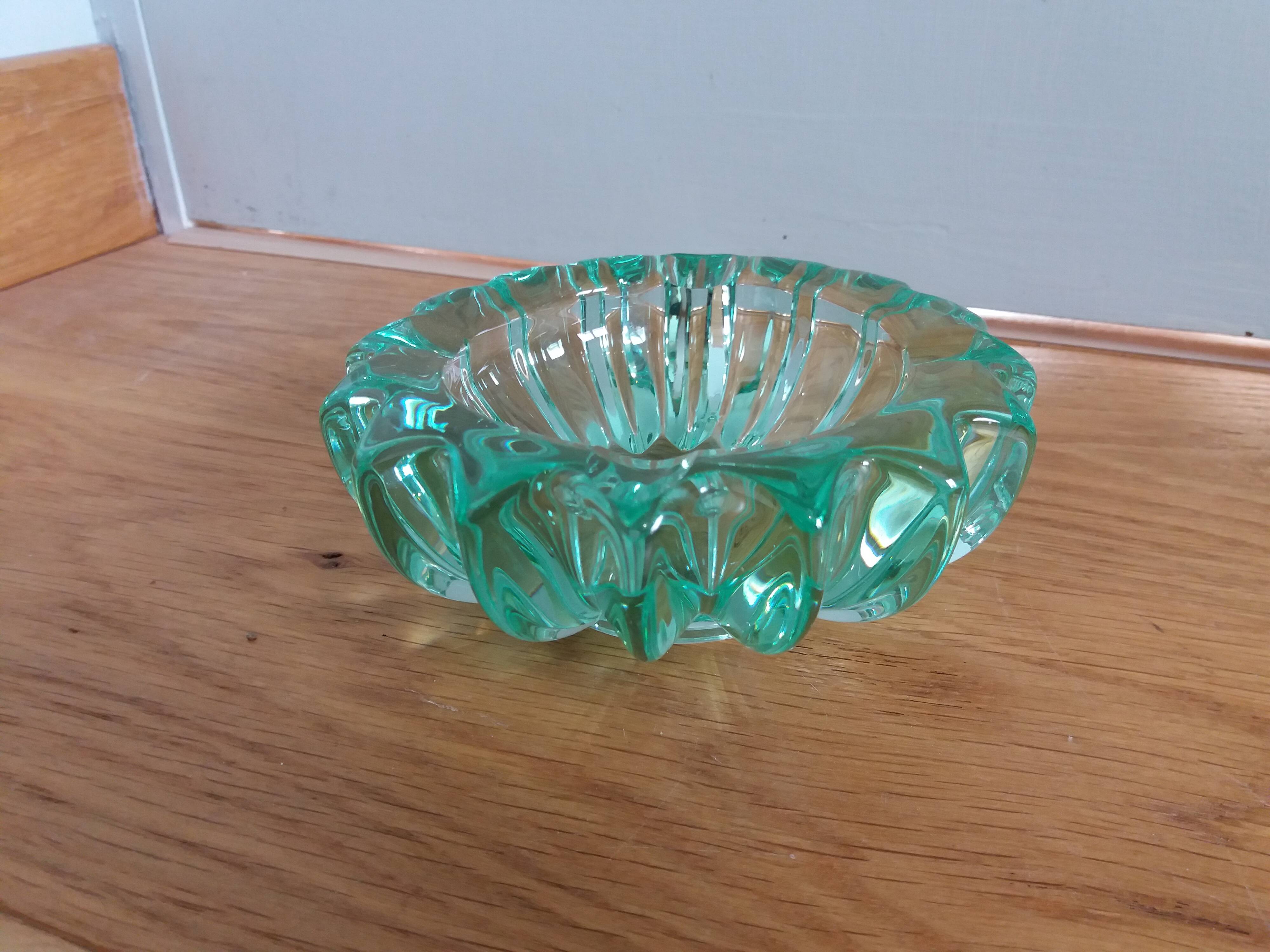 Pierre D'avesn green crystal ashtray, Art Deco