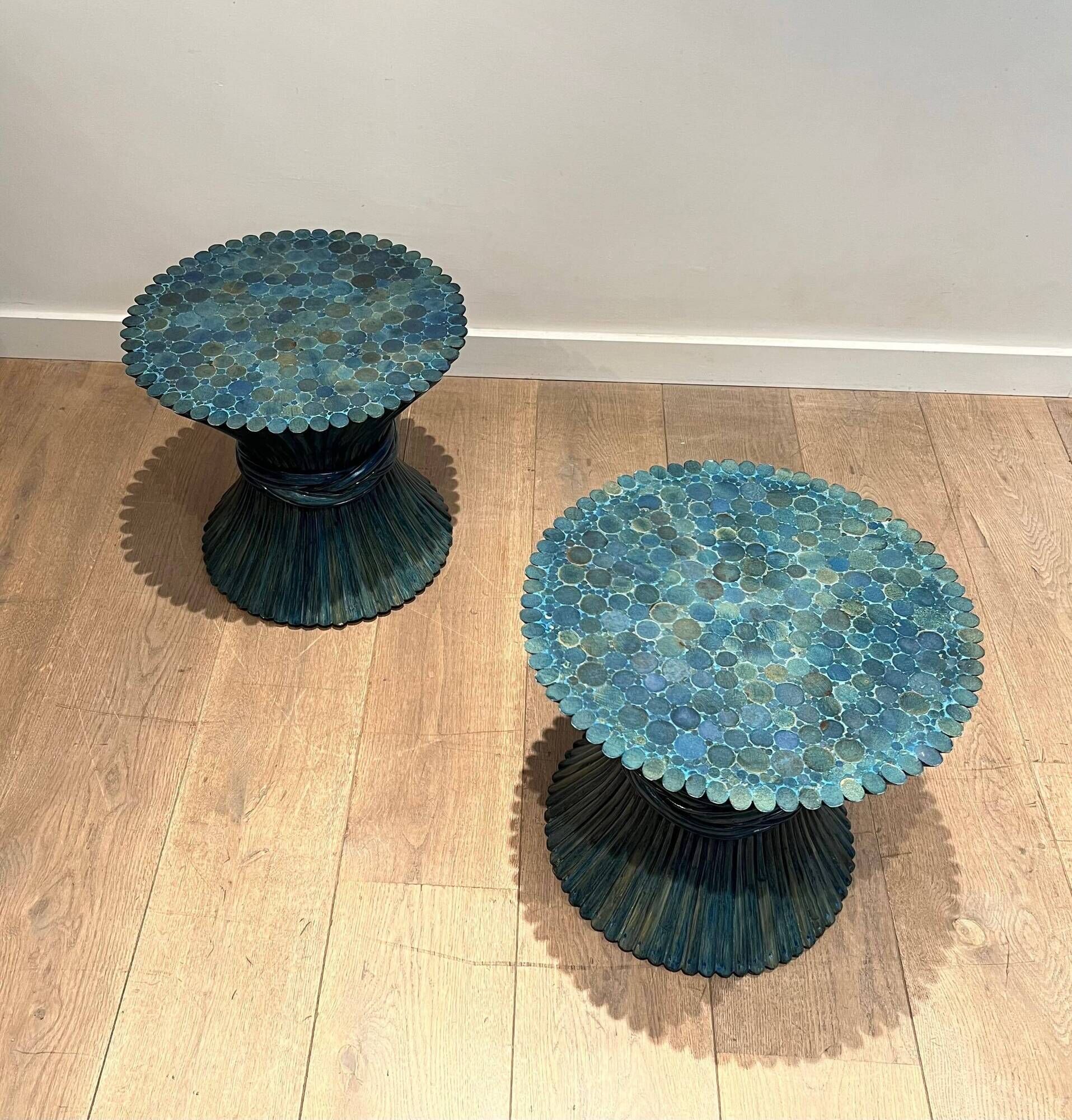 Pair of Bamboo Side Tables in the Shape of a Wheat Sheaf. Turquoise Lacquered.