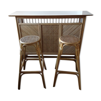 Vintage rattan bar and stools