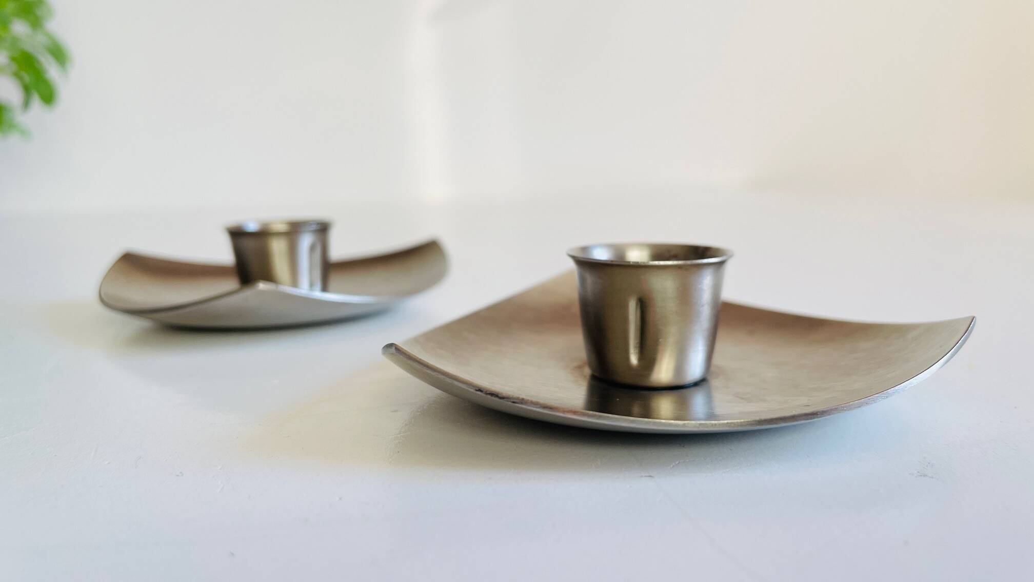 Vintage brushed metal geometric candle holders