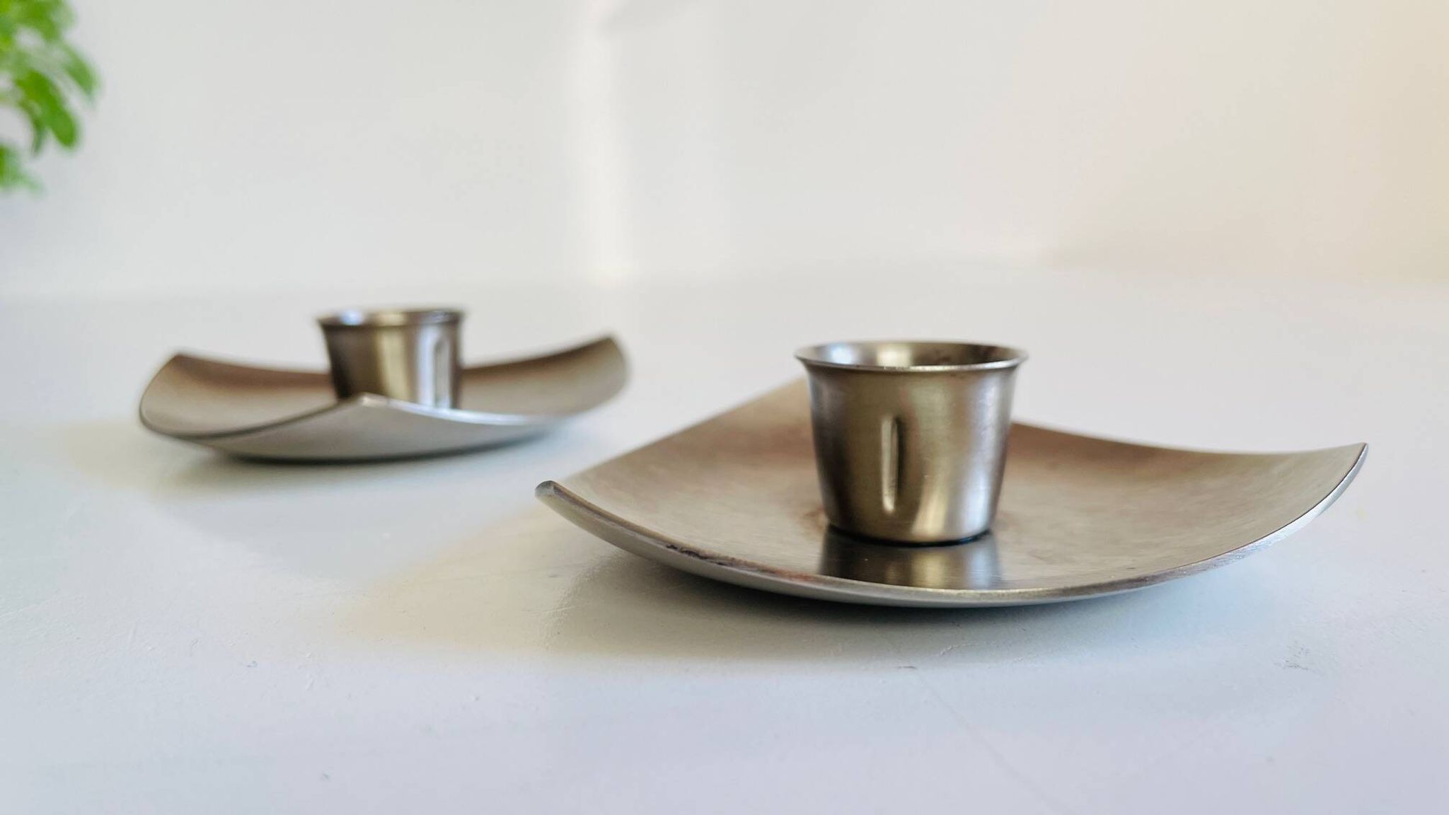 Vintage brushed metal geometric candle holders