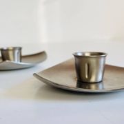 Vintage brushed metal geometric candle holders