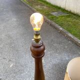 Art Deco floor lamp with wooden shelf and beige floral shade