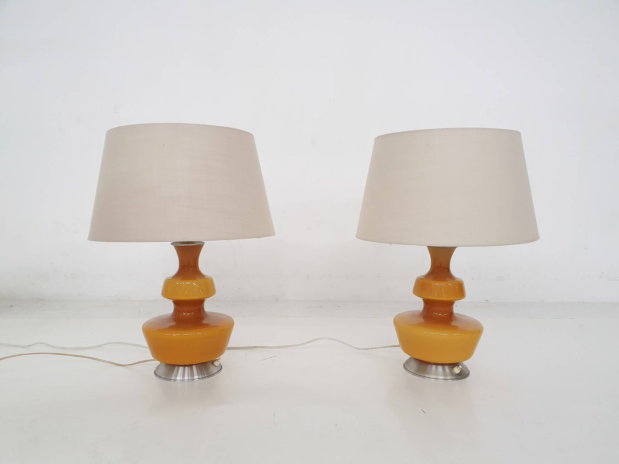 Set of two mid-century yellow glass table lights, Belgium 1960's