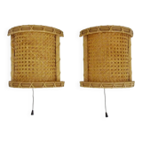 Pair of Vintage Rattan Cane Wall Sconces with Pull Chain