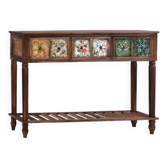 Table console américaine en bois massif avec motif rétro, table de couloir vintage avec tiroirs et étagère,