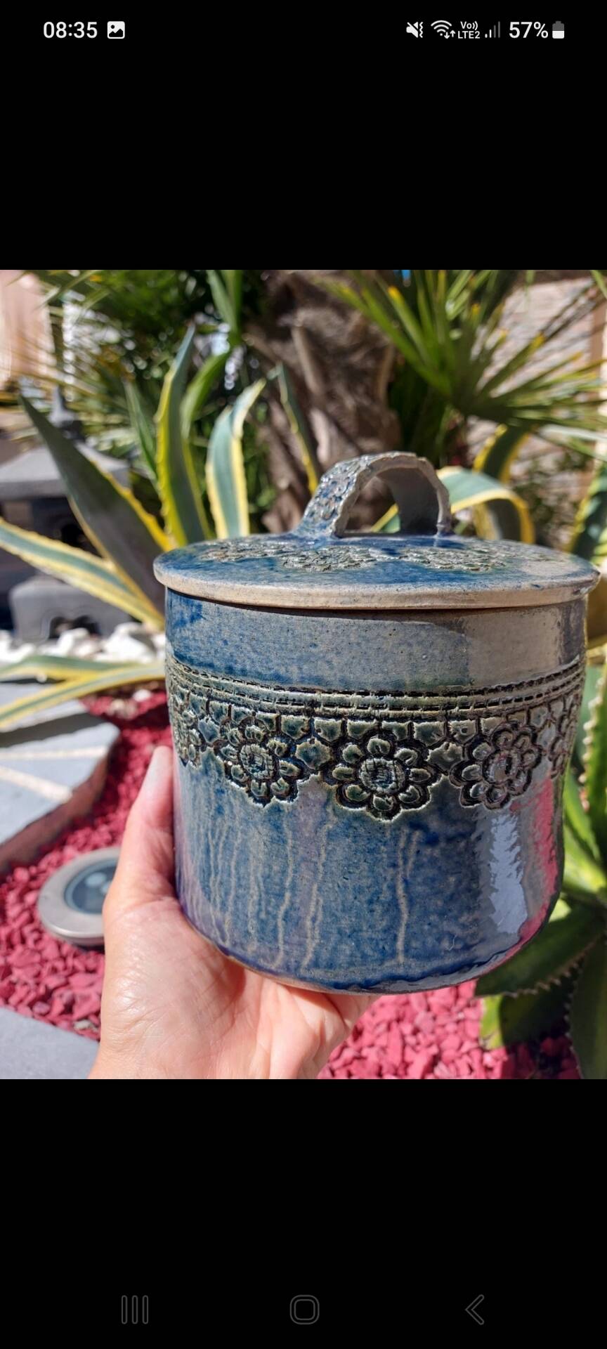 Vintage handmade box in blue glazed stoneware