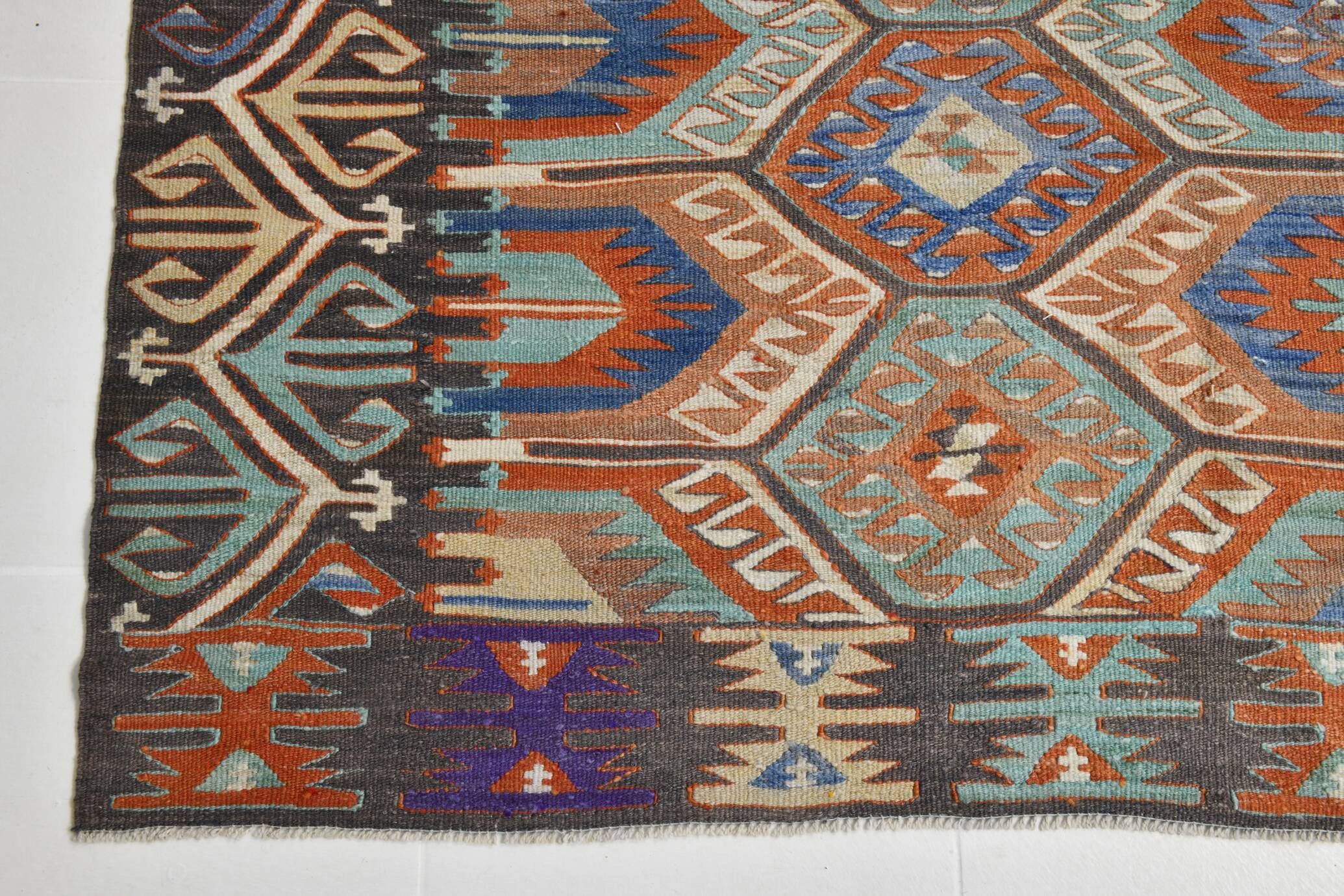 7x10 Green & Blue Geometric Pattern Kilim Rug, 222x303Cm